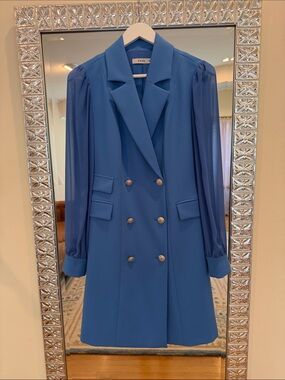 Blue Long-Sleeve Blazer Dress with Sheer Sleeves